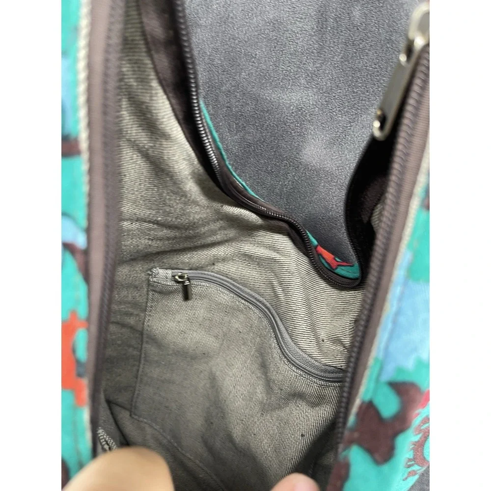 Boho Floral Cotton Sling Crossbody Hobo Bag Teal Hippie Festival Zip Purse